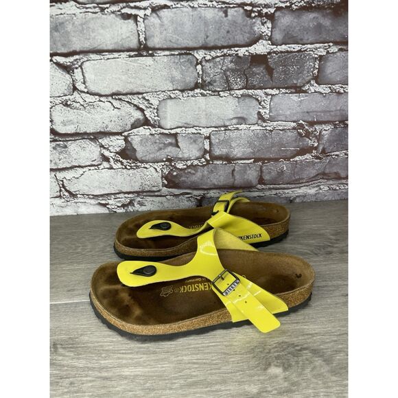 Birkenstock Gizeh Yellow Patent Leather Cork Slide Sandals Women Sz 37EU/6.5M US - Picture 13 of 16